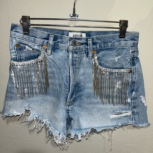 Agolde high waist jean shorts with sparkle fringe